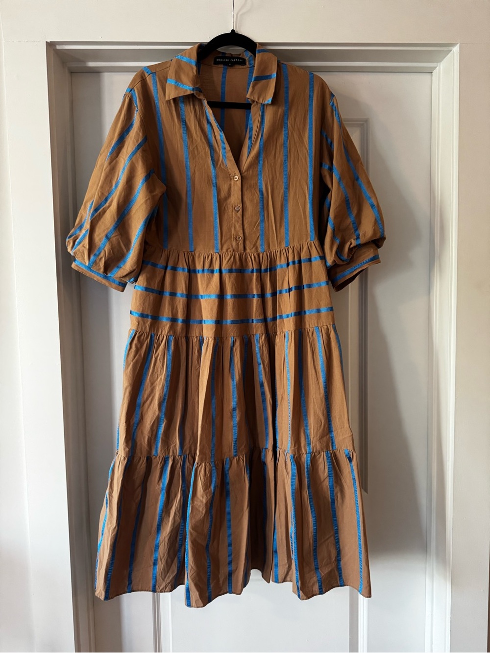 English Factory Brown Midi Dress with Bright Blue Stripes